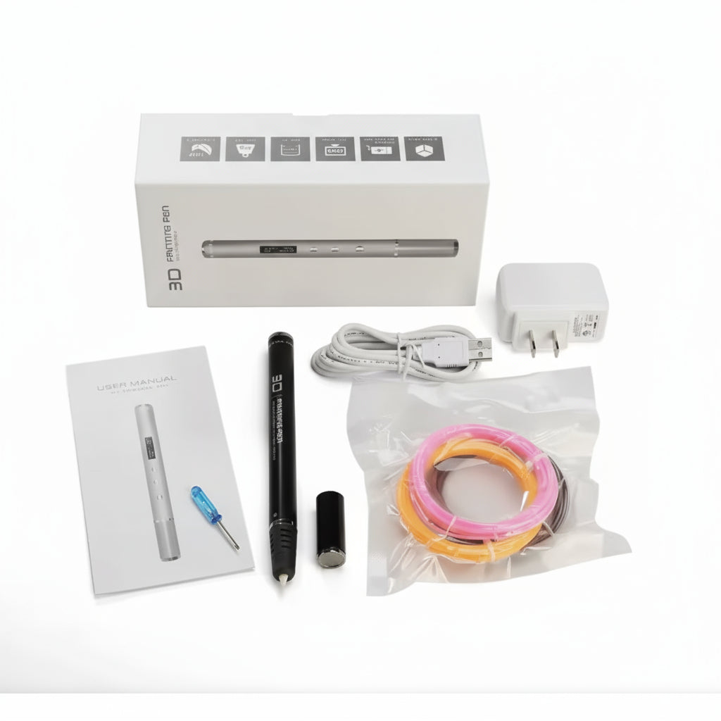 Contenu coffret Stylo 3D Pro Plus : stylo, adaptateur, câble USB, filaments, manuel