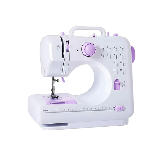 Machine à coudre blanche et violette sur fond blanc