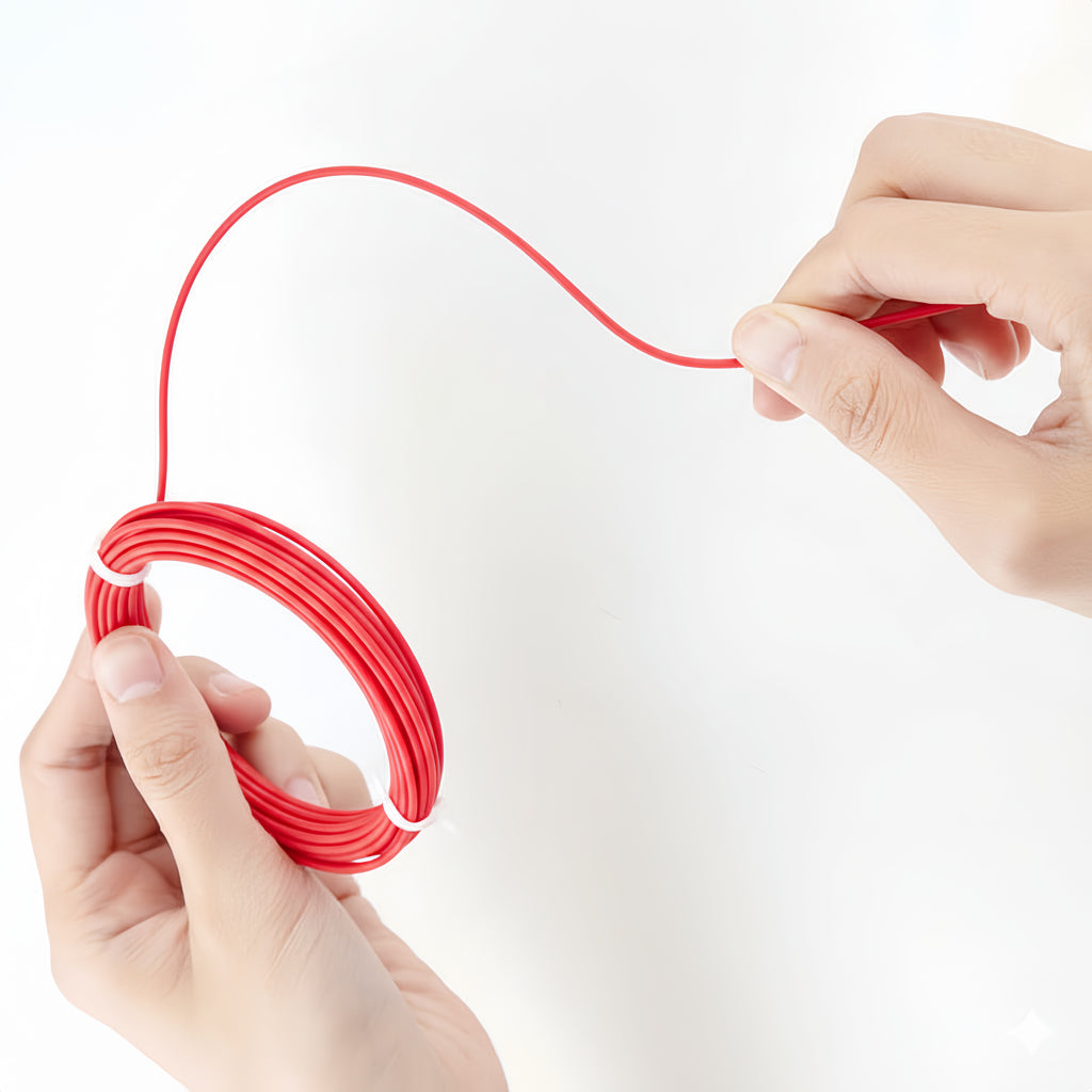 Gros plan sur l'utilisation du filament thermoplastique rouge 1,75 mm pour stylo 3D.