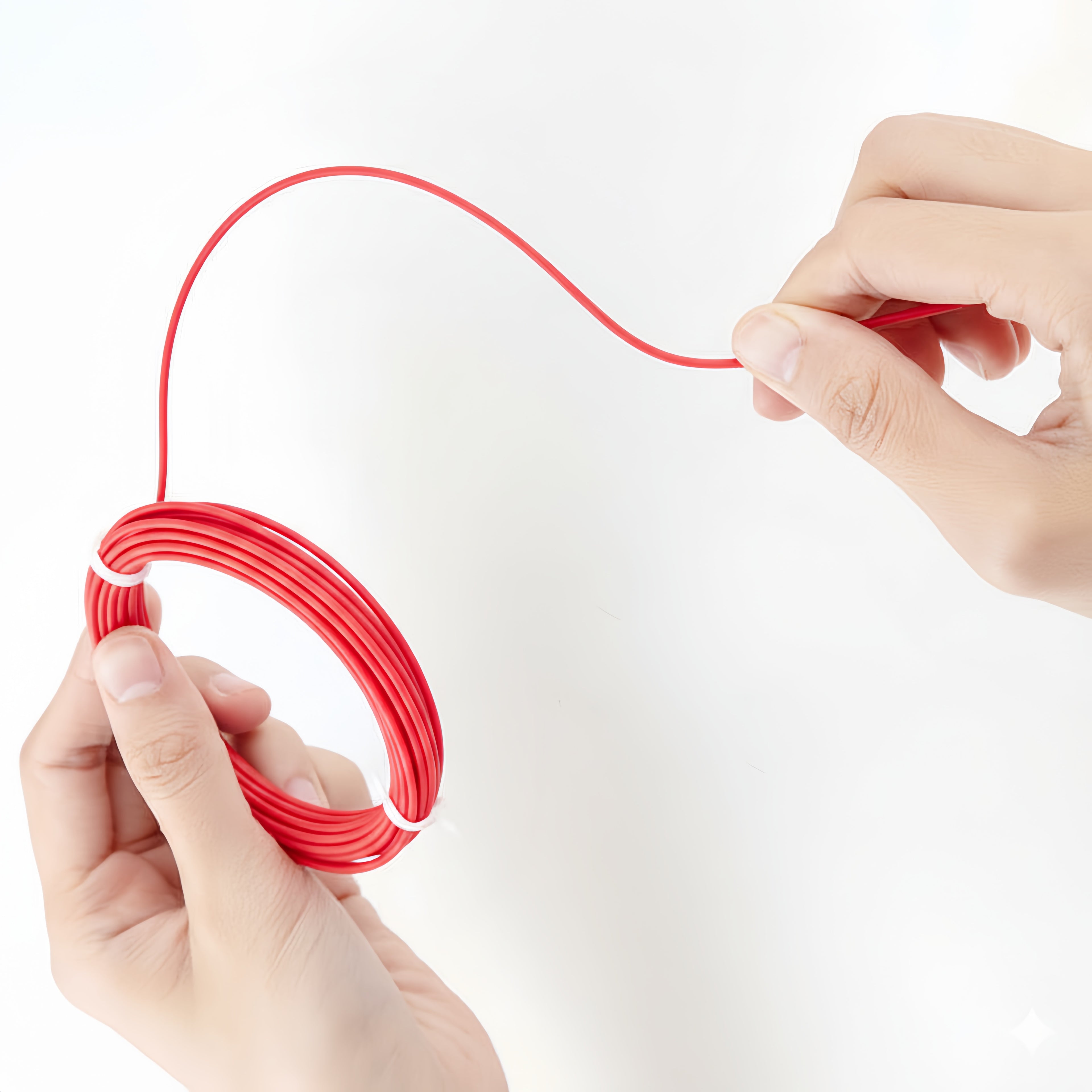 Gros plan sur l'utilisation du filament thermoplastique rouge 1,75 mm pour stylo 3D.