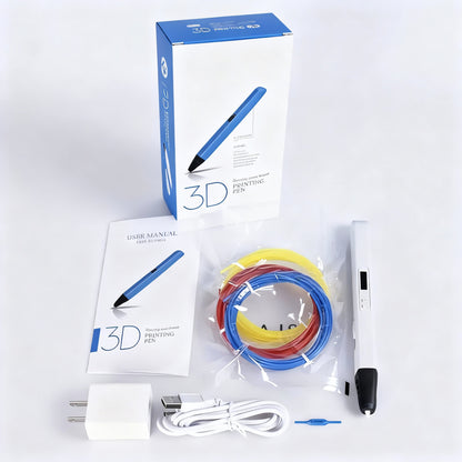 Stylo 3D Pro Lite - contenu du coffret avec stylo blanc, manuel, adaptateur USB, câble et 3 filaments PLA (bleu, rouge, jaune)
