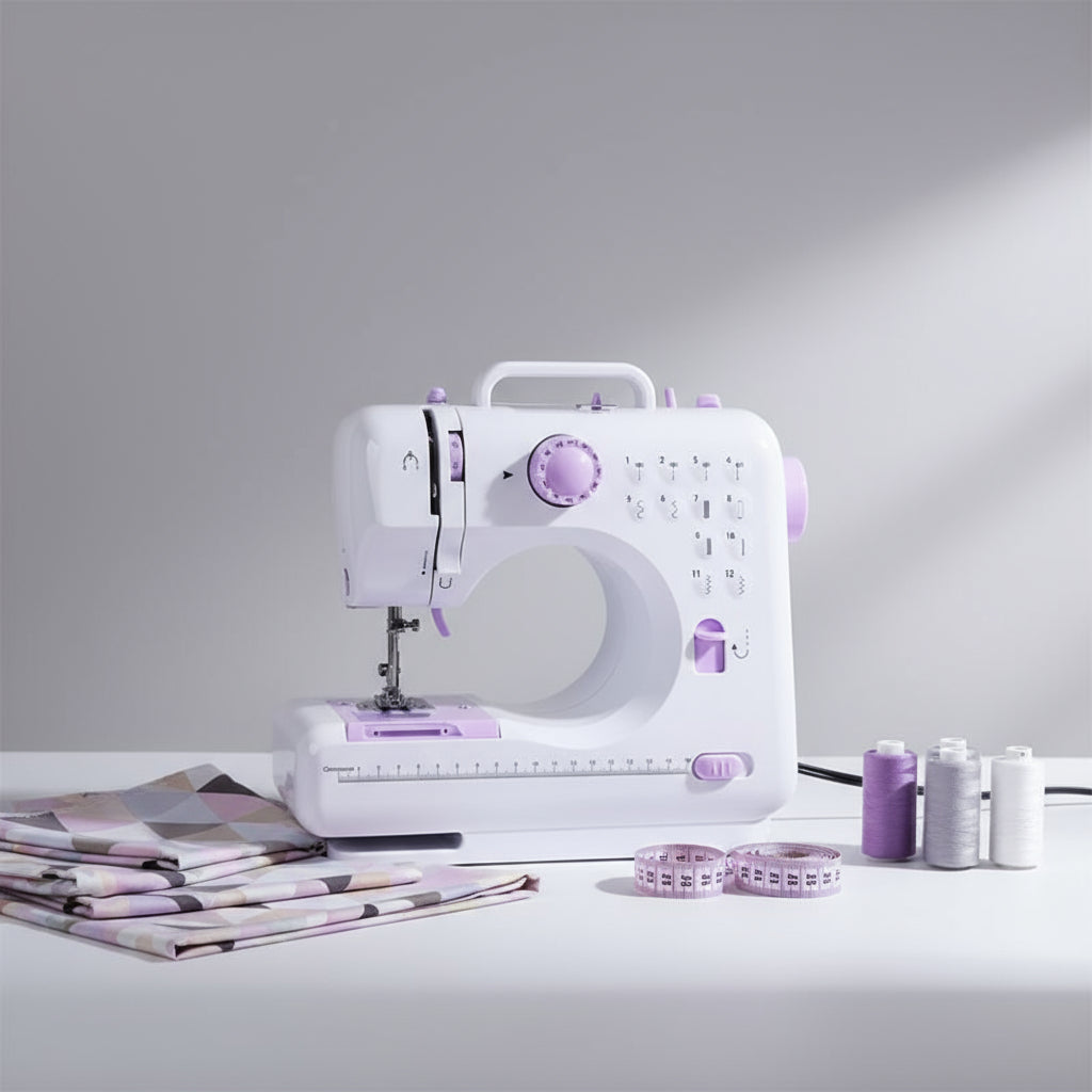 Machine à coudre blanche et violette posée sur une table blanche avec tissus et bobines, éclairage studio moderne.