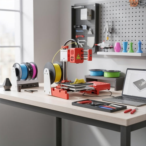 Imprimante 3D sur établi avec bobines de filament.