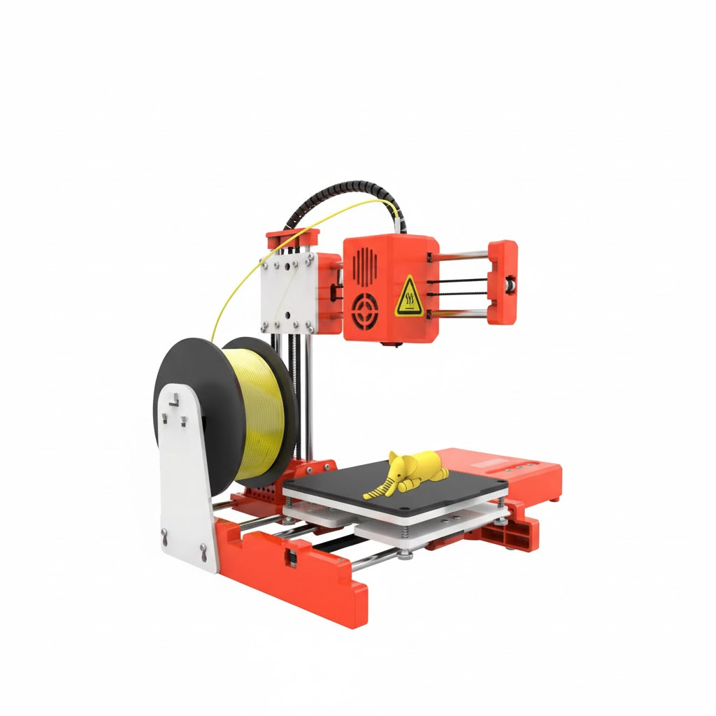 Imprimante 3D de bureau orange avec bobine de filament jaune, vue trois-quarts sur plateau d’impression.