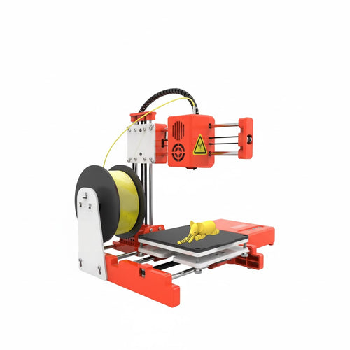 Imprimante 3D de bureau orange avec bobine de filament jaune, vue trois-quarts sur plateau d’impression.